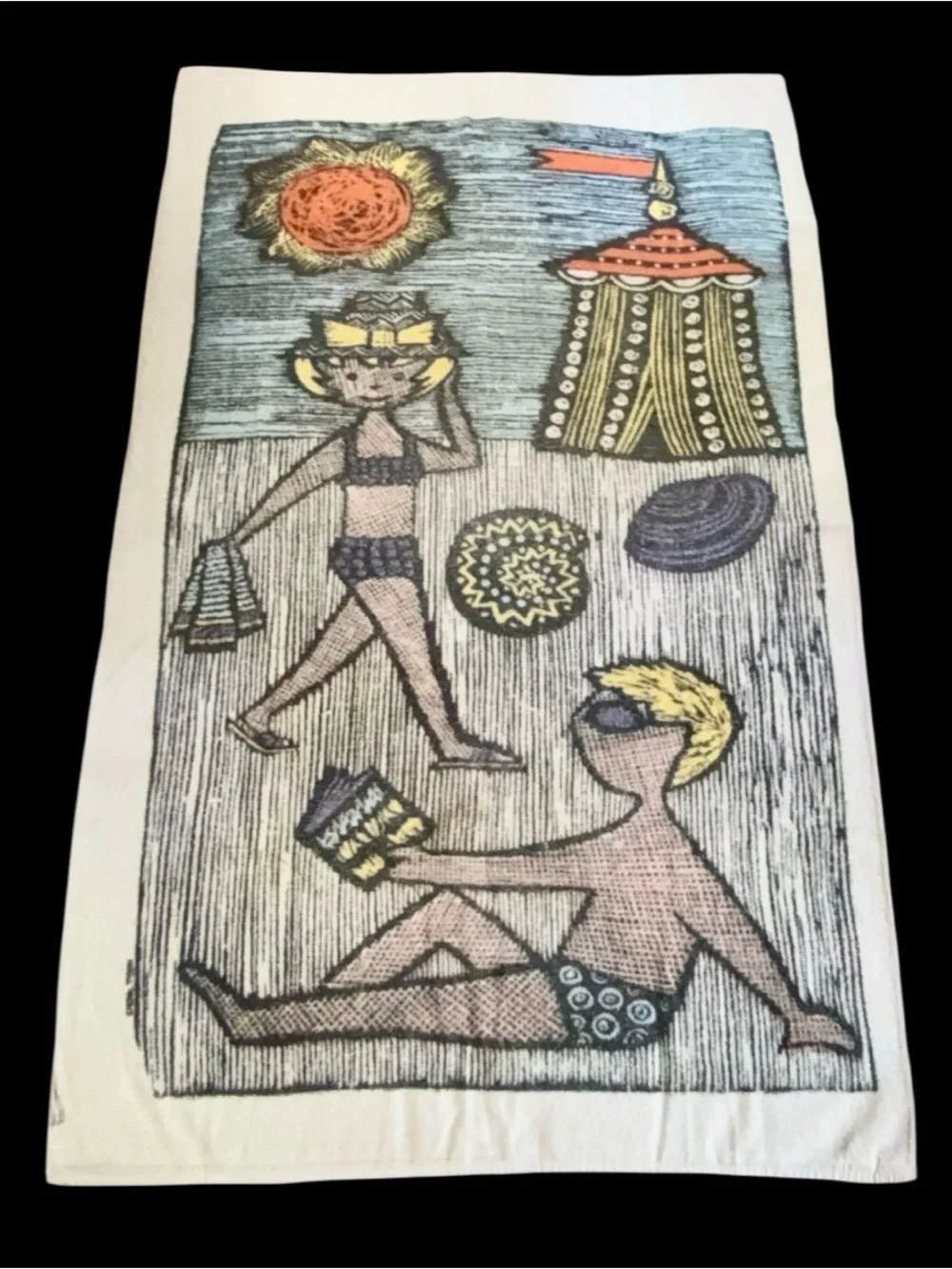 Vintage MCM 1950’s-60’s Royal Terry Beach Towel Novelty Kitschy Couple 36x60